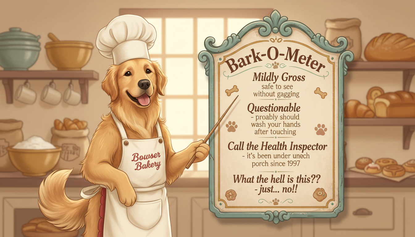 Bark-O-Meter showing Golden Retriever Chef Bowser and 4 levels: Mildly Gross, Questionable, Call the Health Inspector, What the hell is this??
