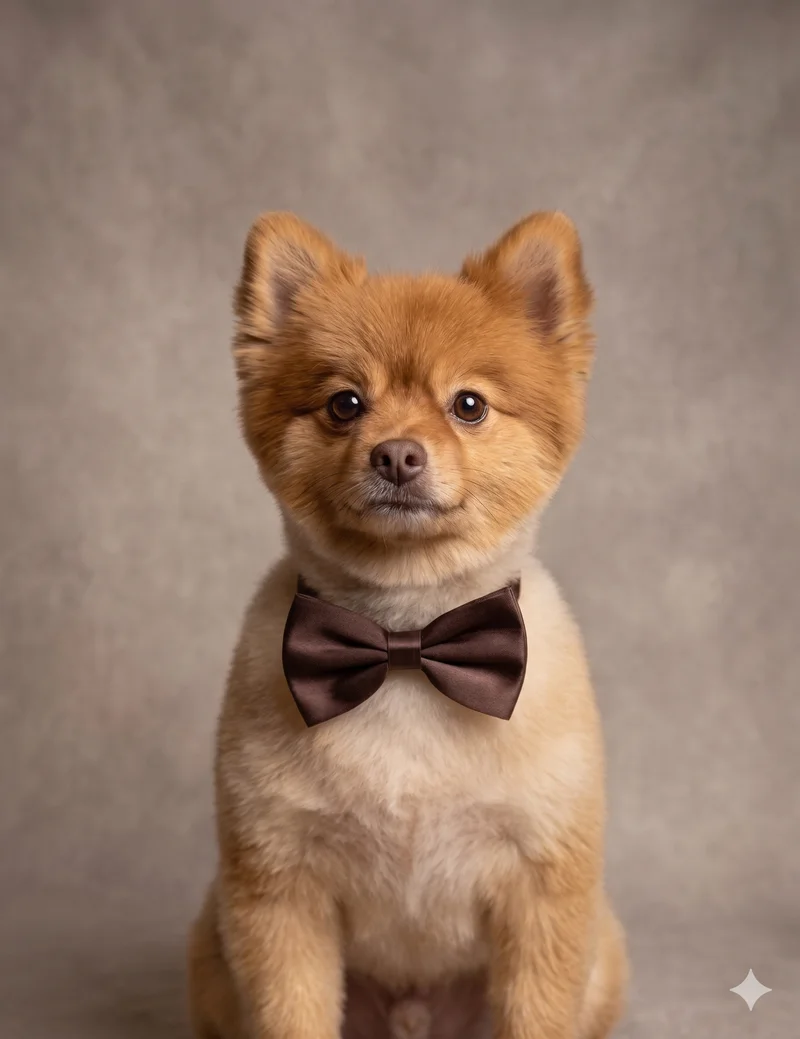 Brown Pomeranian wearing a bowtie for the Bowser Bakery Chief Executive Officer profile
